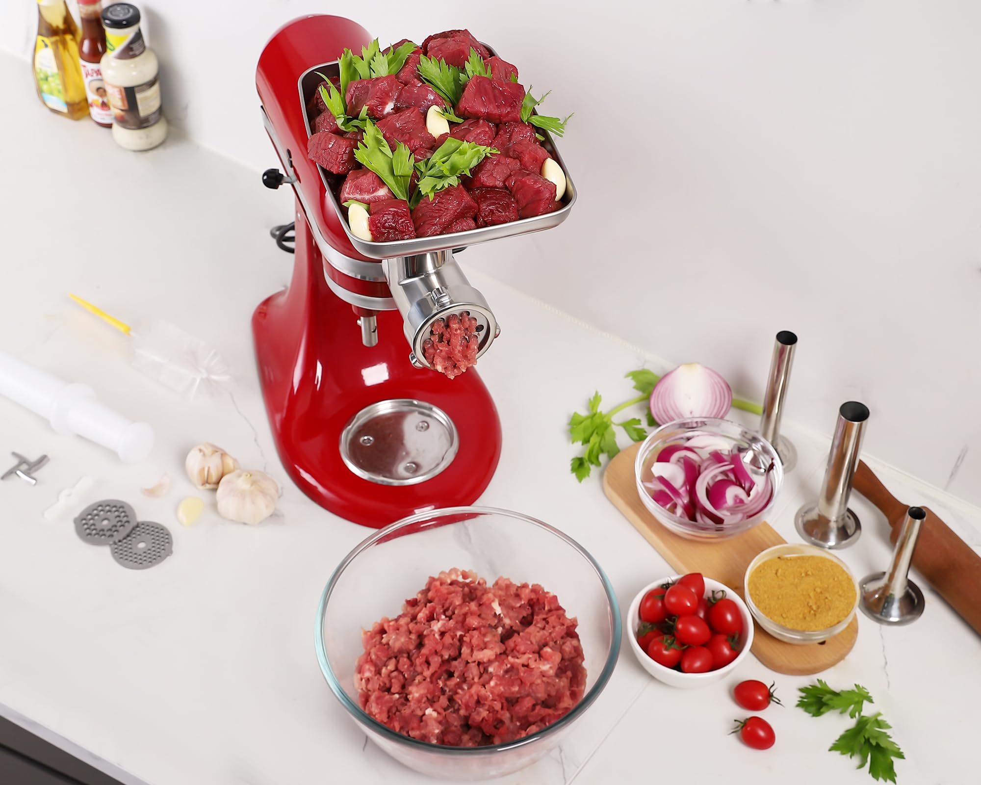 KINGEAGLE multifunction kitchen tool includes blades, plates, and sausage tubes.