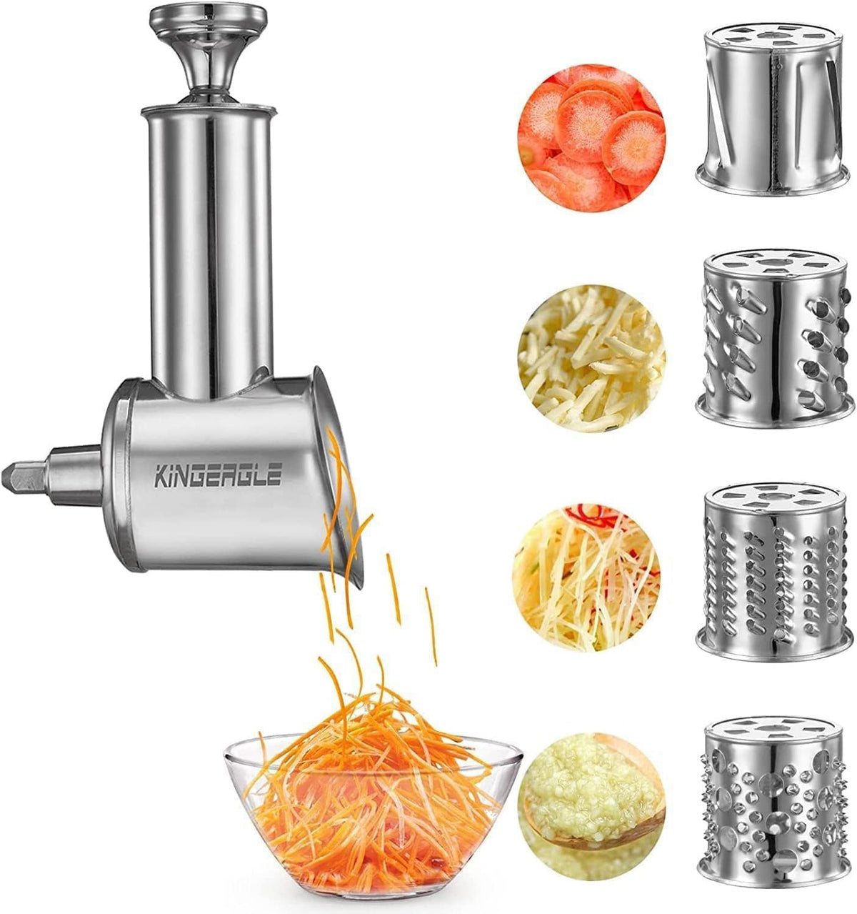 KINGEAGLE slicer-shredder attachment on a KitchenAid in action for quick prep.