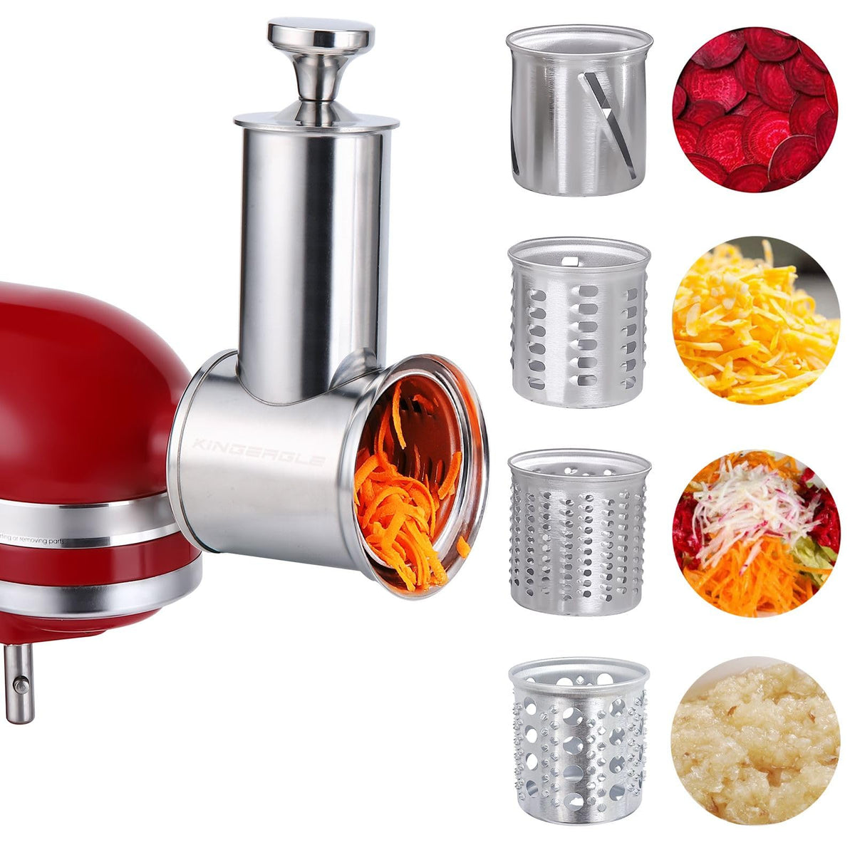 KINGEAGLE slicer-shredder attachment mounted on a KitchenAid mixer for efficient prep.
