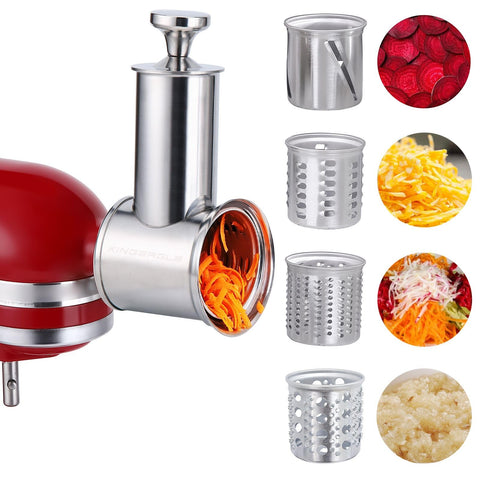 KINGEAGLE slicer-shredder attachment mounted on a KitchenAid mixer for efficient prep.