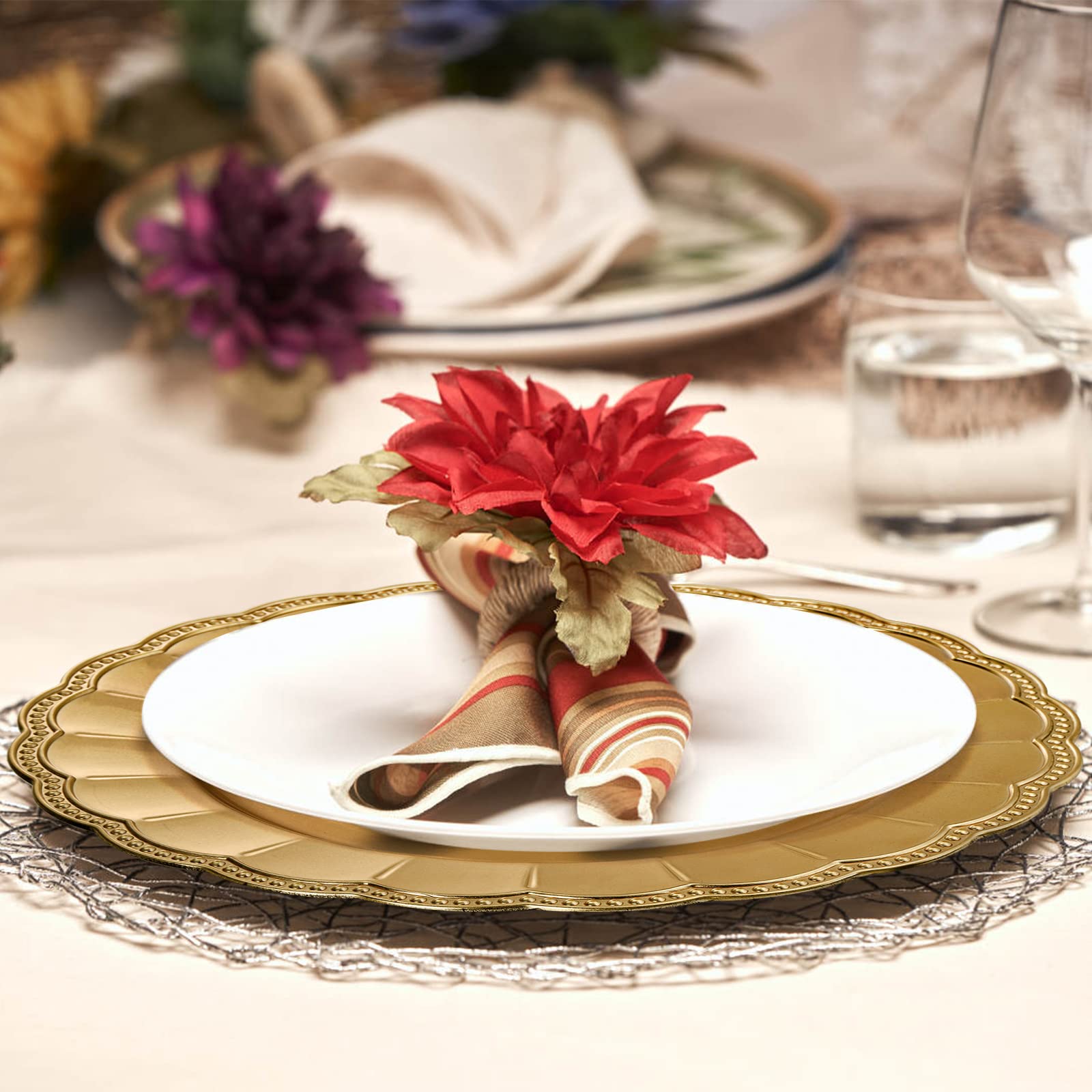 Kingrol decorative charger plates double as centerpieces when not in use.