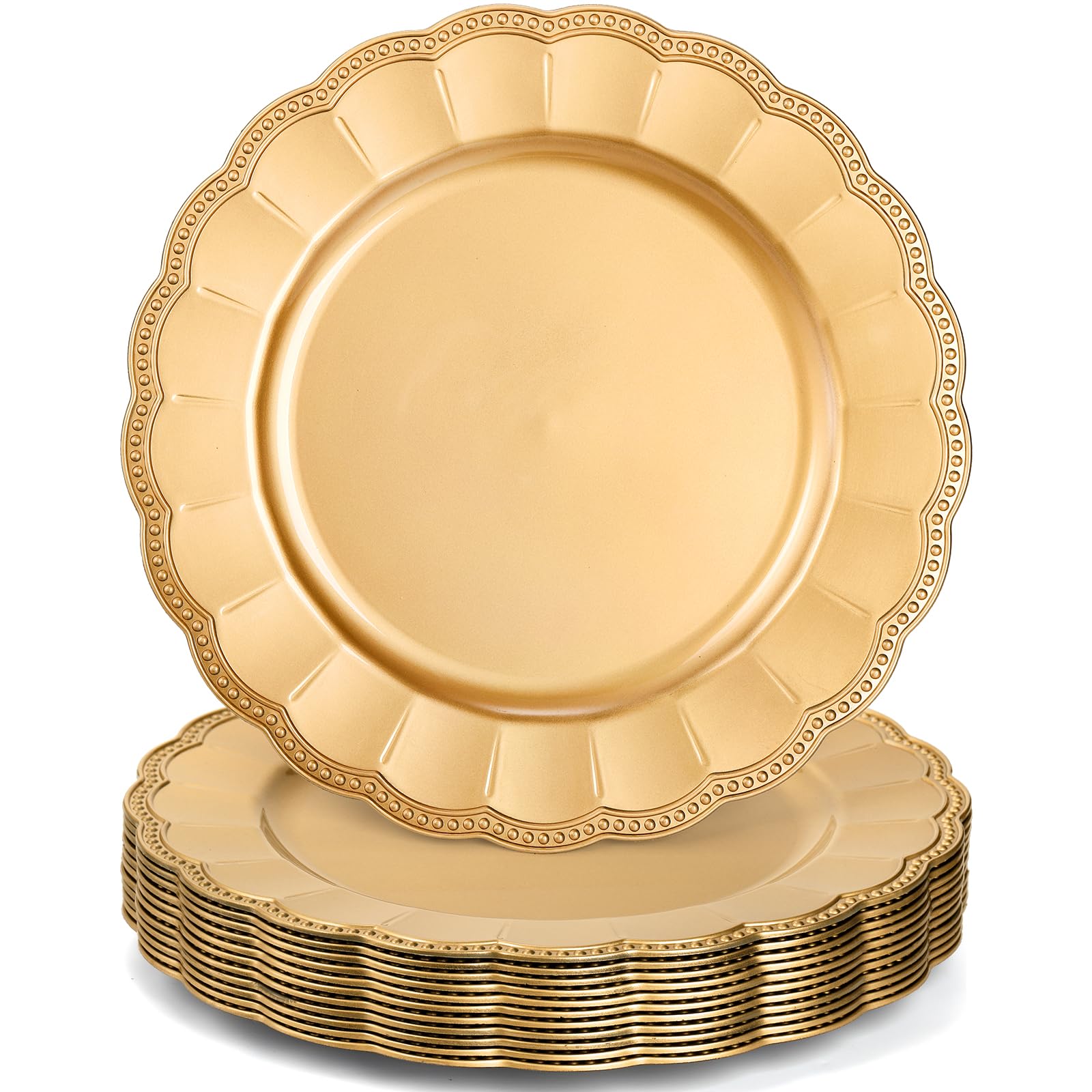 Kingrol gold 13-inch charger plate set enhances tablescapes for weddings and holidays.