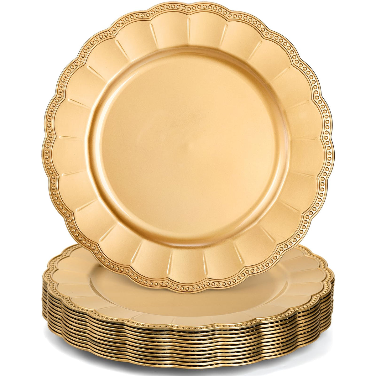 Kingrol gold 13-inch charger plate set enhances tablescapes for weddings and holidays.