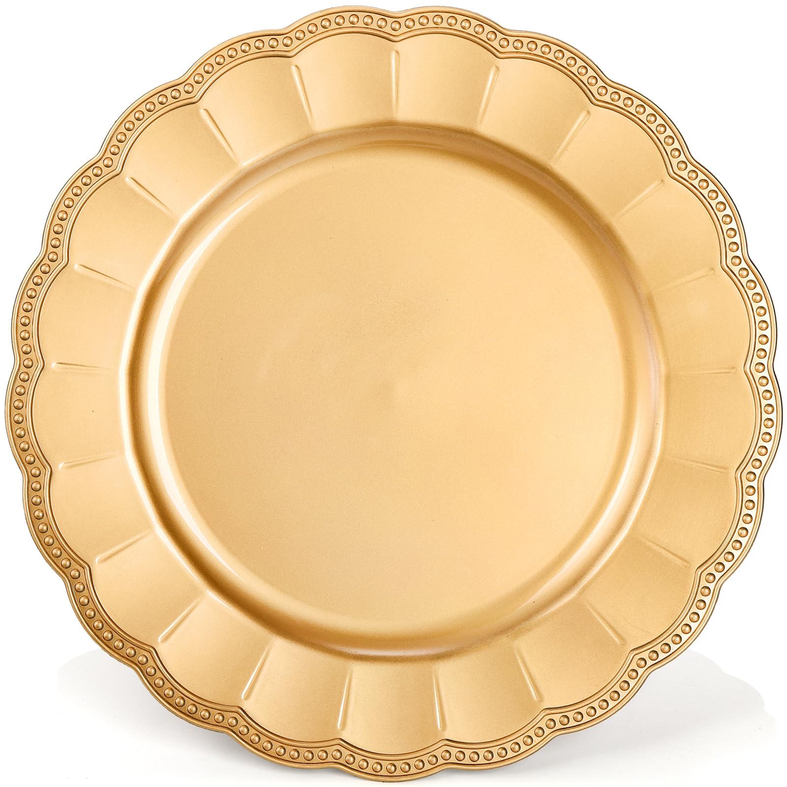 Kingrol heavy-duty plastic charger plate in gold provides durable protection for tabletops.