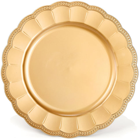 Kingrol heavy-duty plastic charger plate in gold provides durable protection for tabletops.