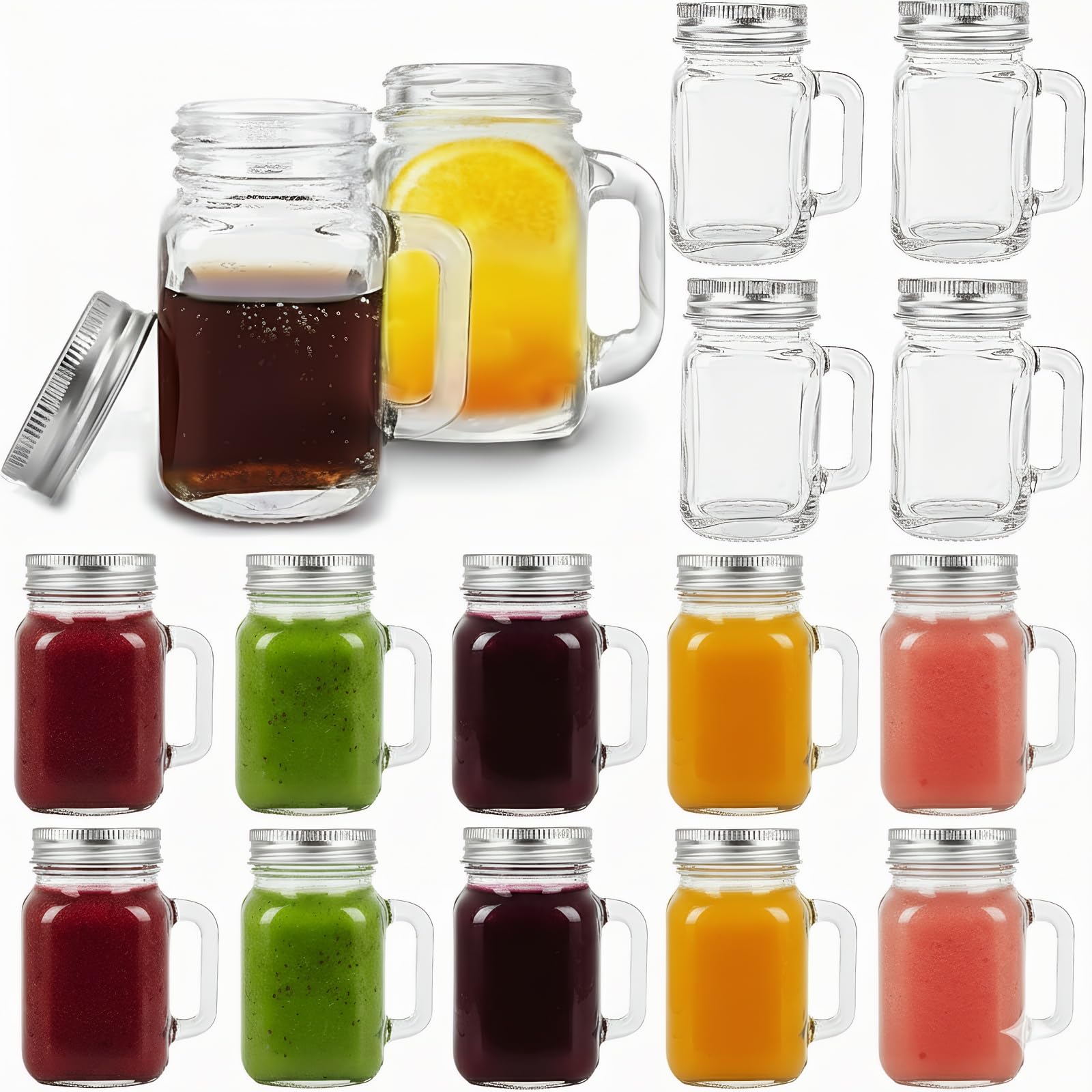 Kingrol mini mason jar shot glasses with lids and side handle for easy pouring.