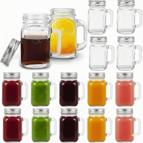 Kingrol mini mason jar shot glasses with lids and side handle for easy pouring.
