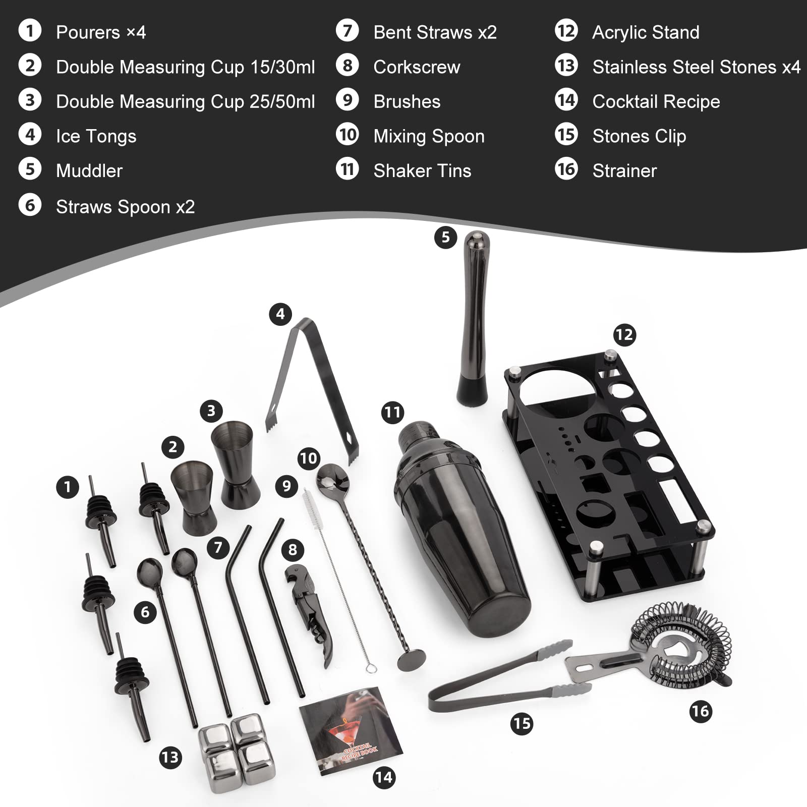 KingROW acrylic stand showcasing tools for organized, ready-to-mix cocktails.