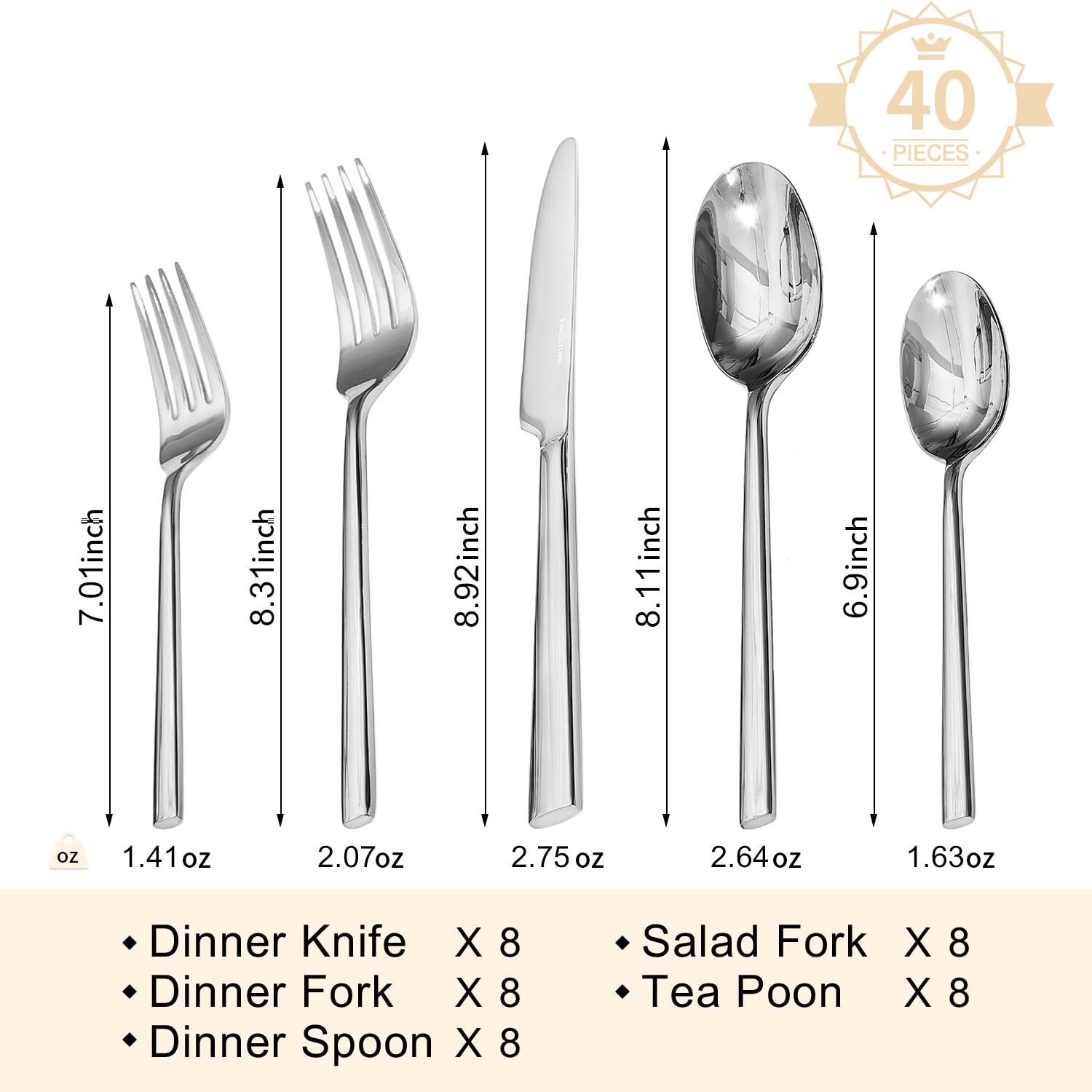 Kingstone forged 18/0 stainless steel offers durable daily use and corrosion resistance.
