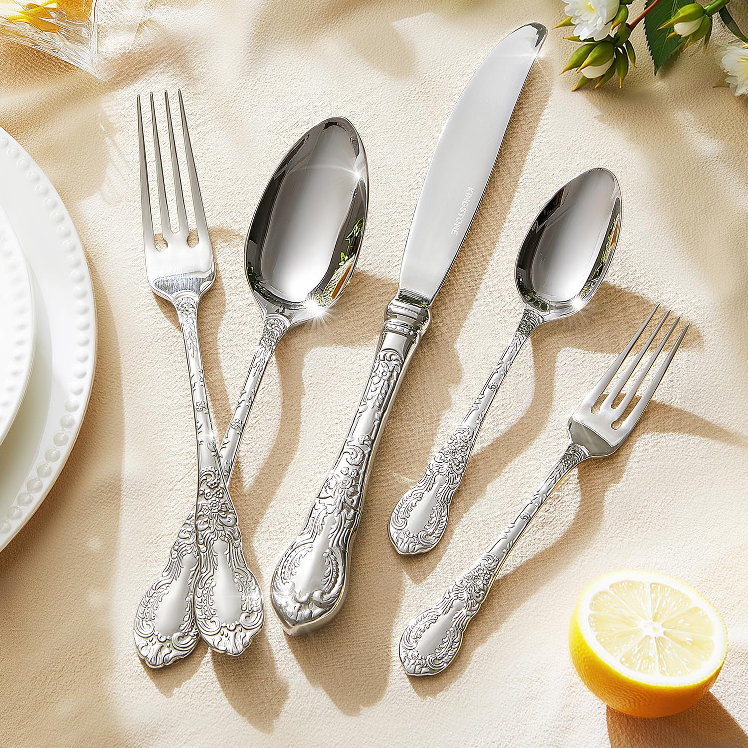 Kingstone 18/10 stainless polished finish resists rust for long-lasting tableware