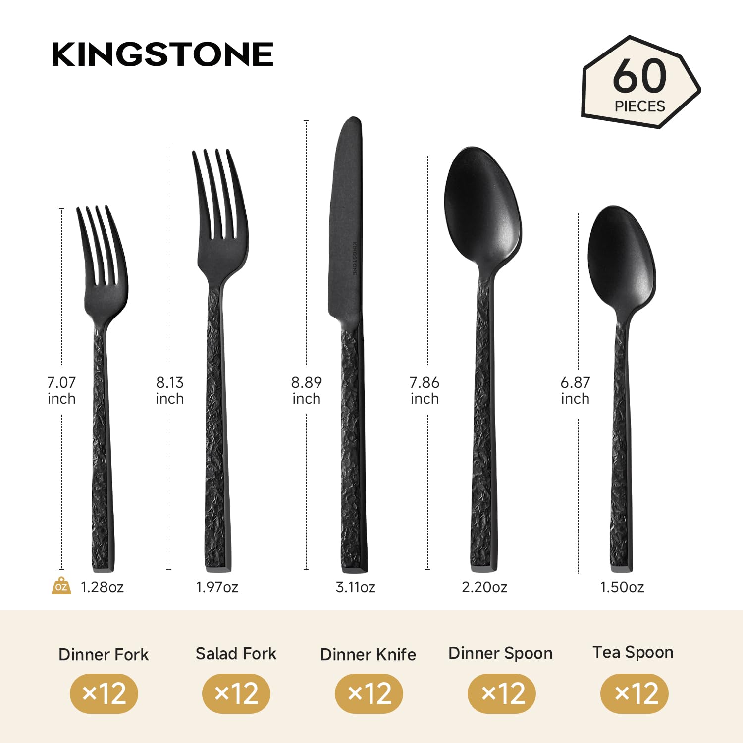 Kingstone 60pc black hammered silverware set dinner forks durable everyday use