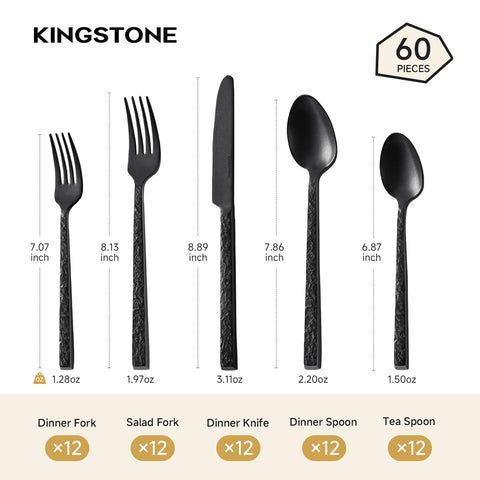Kingstone 60pc black hammered silverware set dinner forks durable everyday use