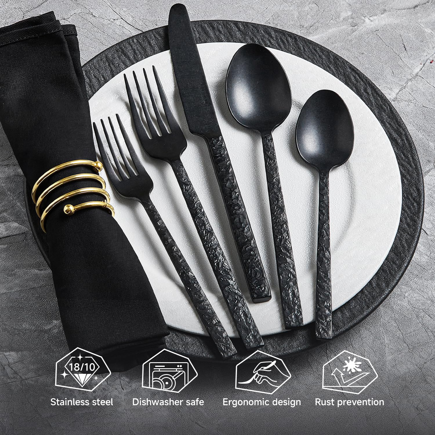 Kingstone 60pc black hammered silverware set dinner spoons comfortable grip