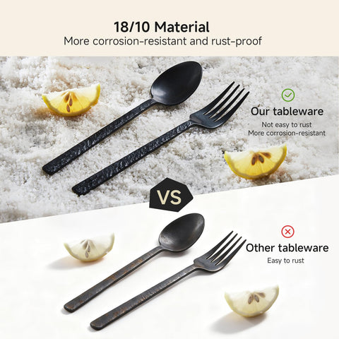 Kingstone black hammered silverware closeup finish highlighting premium stainless steel