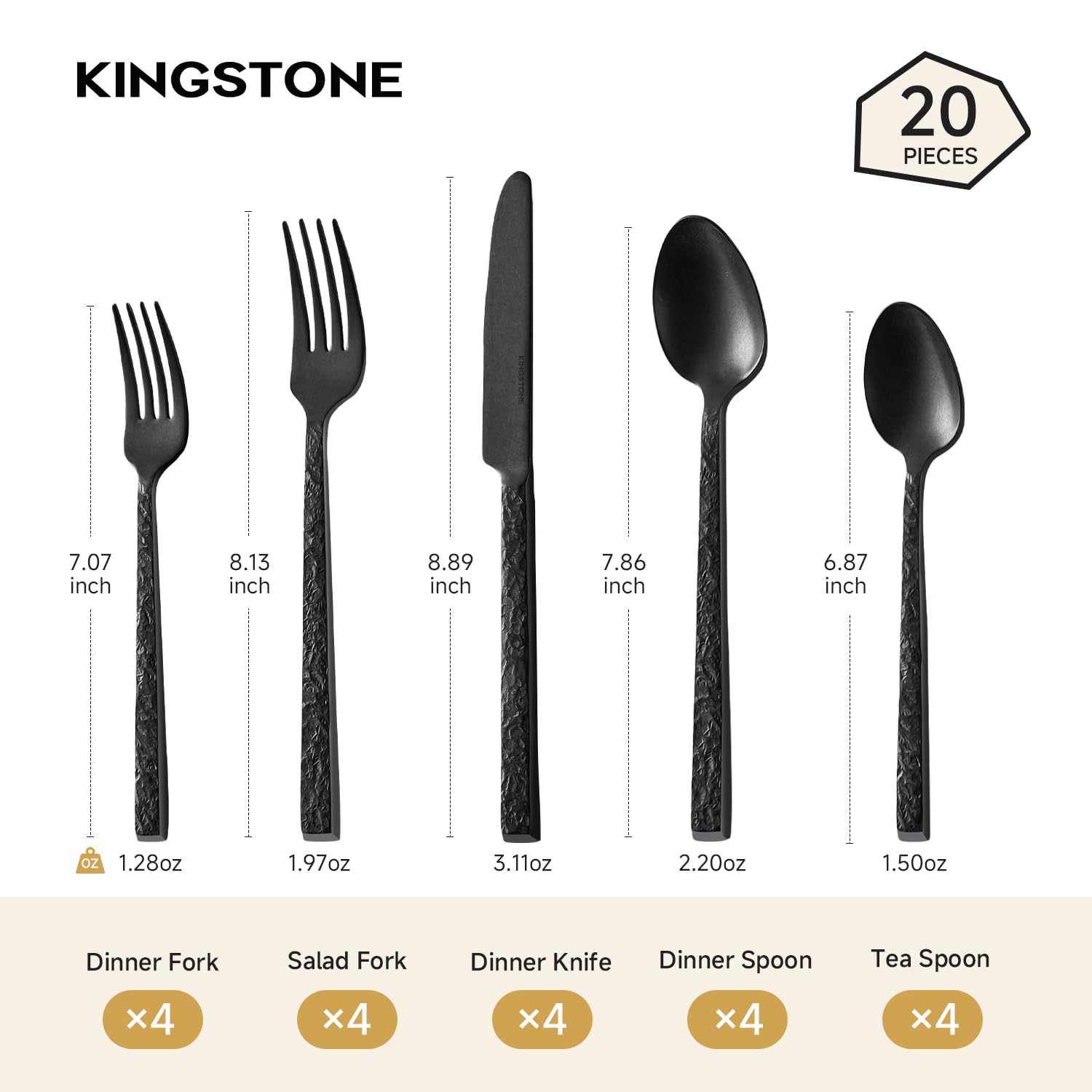 Kingstone black hammered silverware dinner forks highlighting sturdy build.