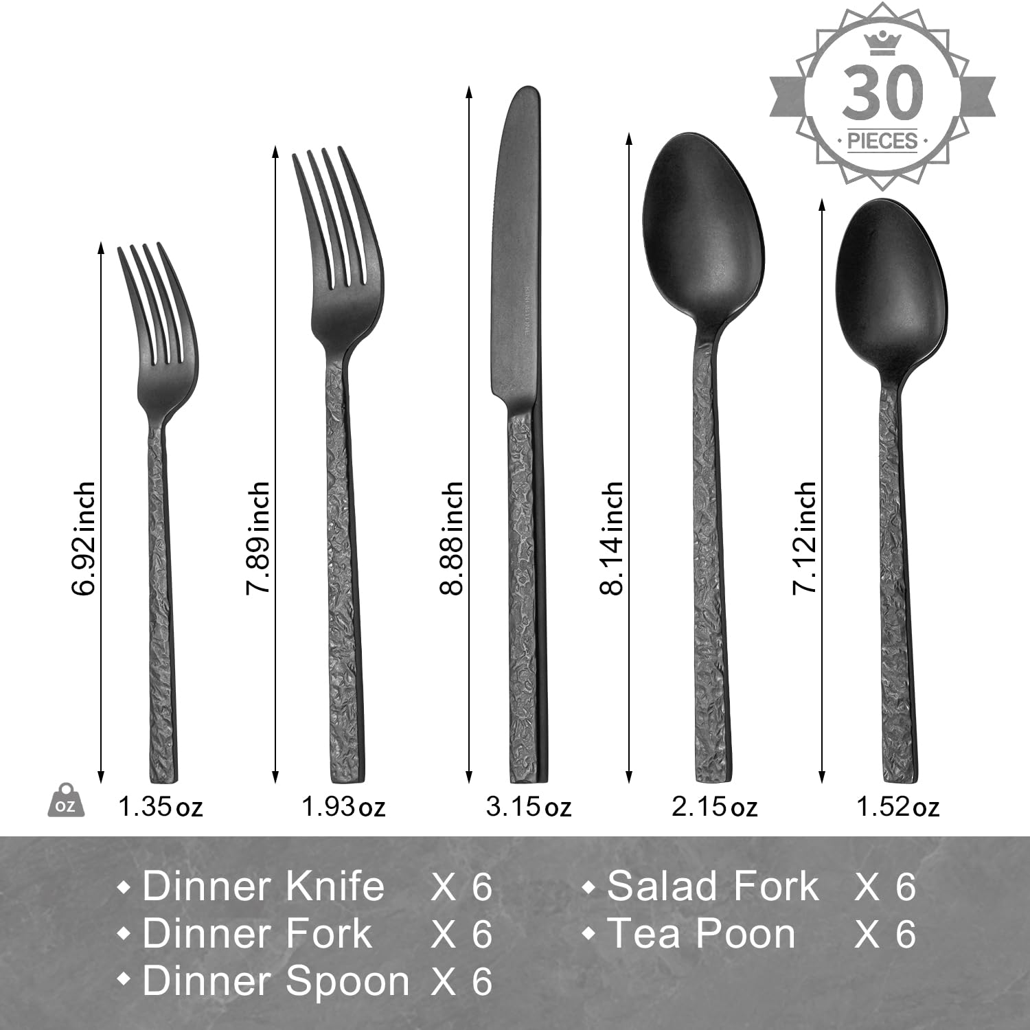 KINGSTONE dinner knives in black hammered finish offer clean cuts and a luxe everyday dining look.