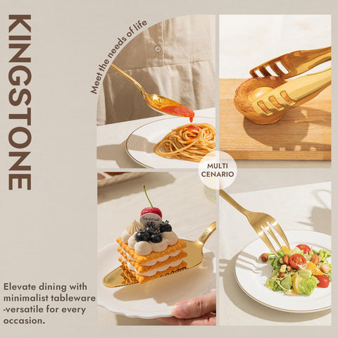 Kingstone serving tongs provide a firm grip for plated portions.
