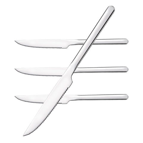 KINGSTONE sharp steak knives 4pc full-serrated blade for quick, clean cuts at dinner.