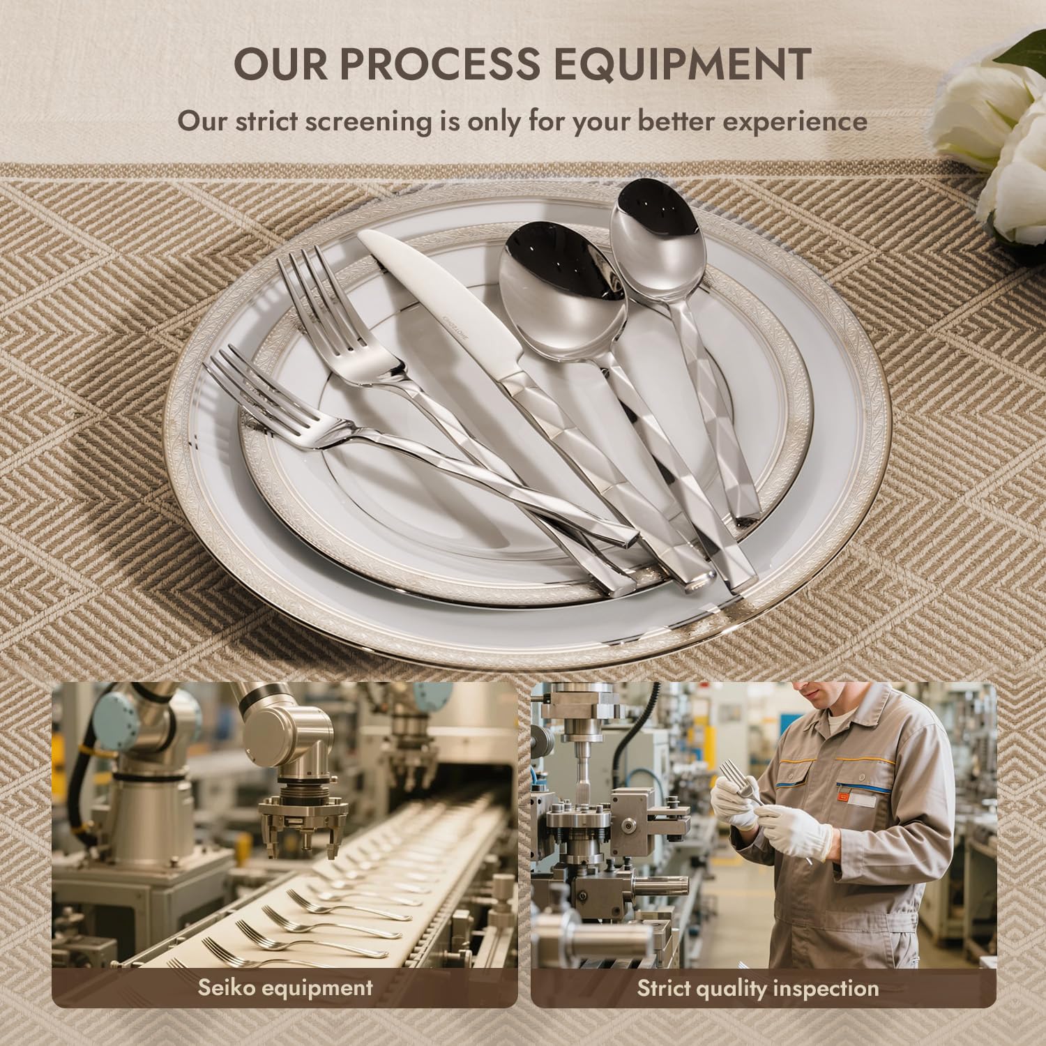 Kingstone mirror-polish finish reflects light for a refined table setting.