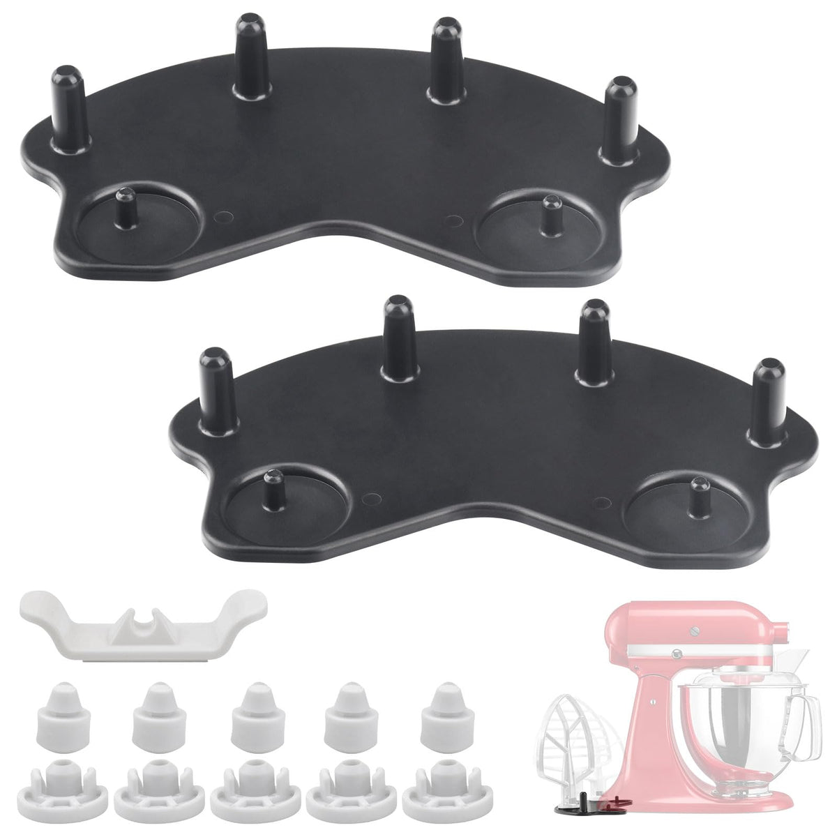 KINTLE mixer attachment organizer mounted on the back of a tilt-head mixer for easy access.