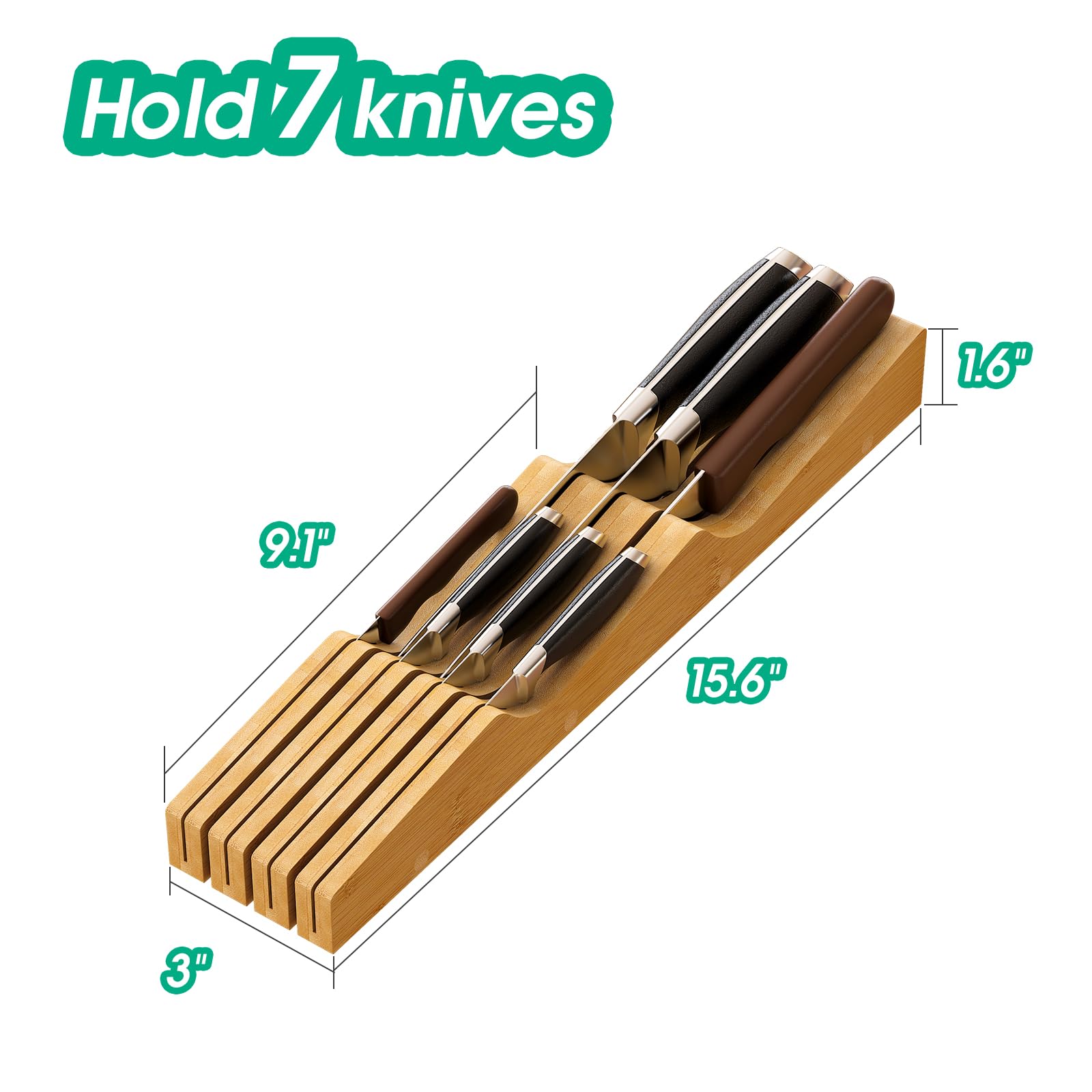 Kiplant bamboo knife block in drawer showcasing natural finish and neat storage.