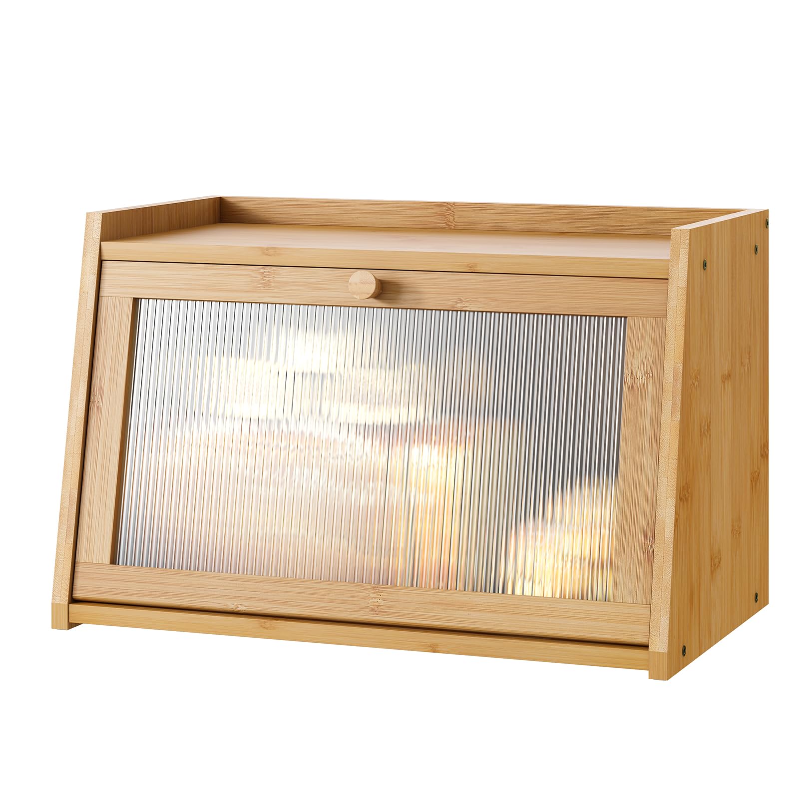 Kiplant bread box front view shows natural bamboo finish for a tidy counter and easy access