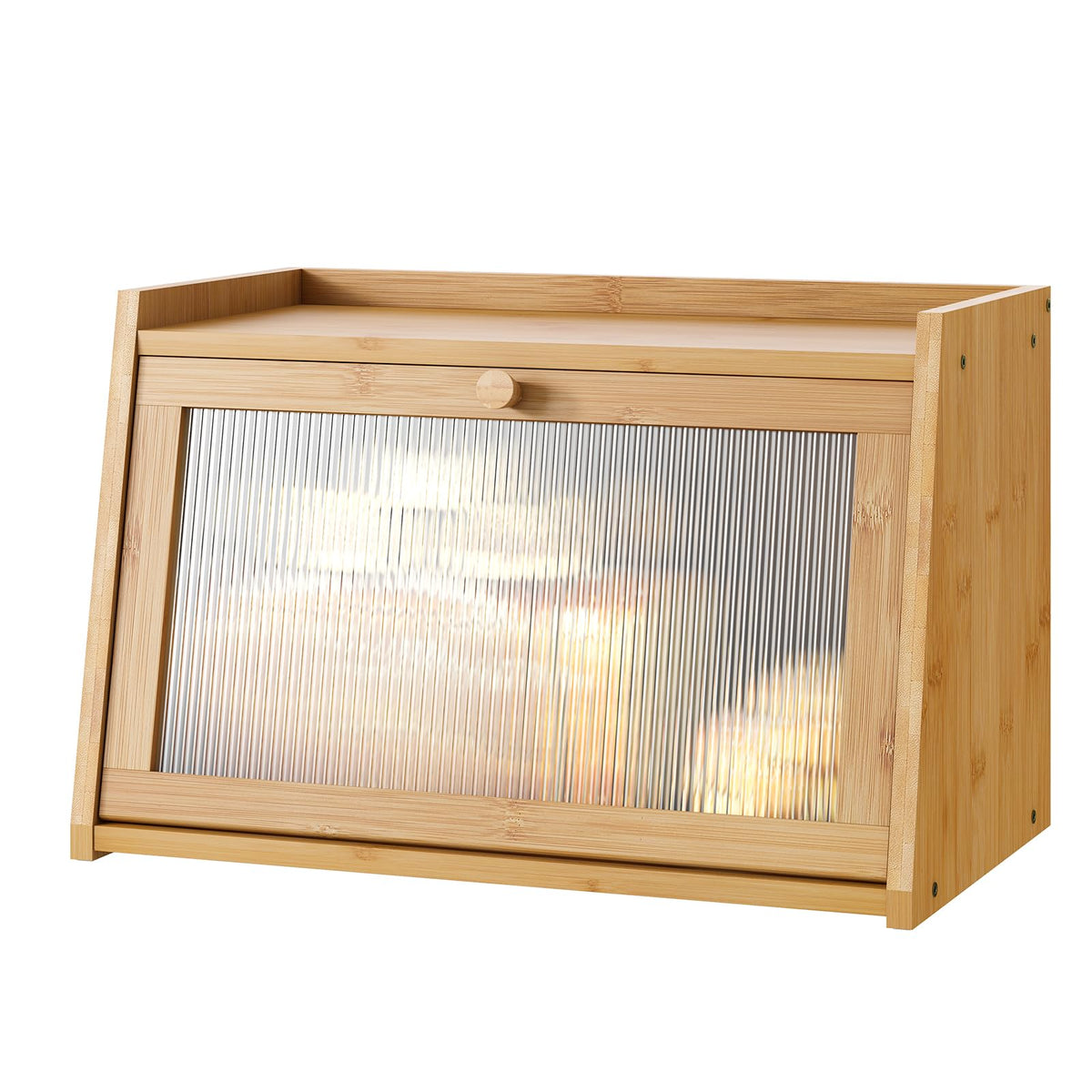 Kiplant bread box front view shows natural bamboo finish for a tidy counter and easy access