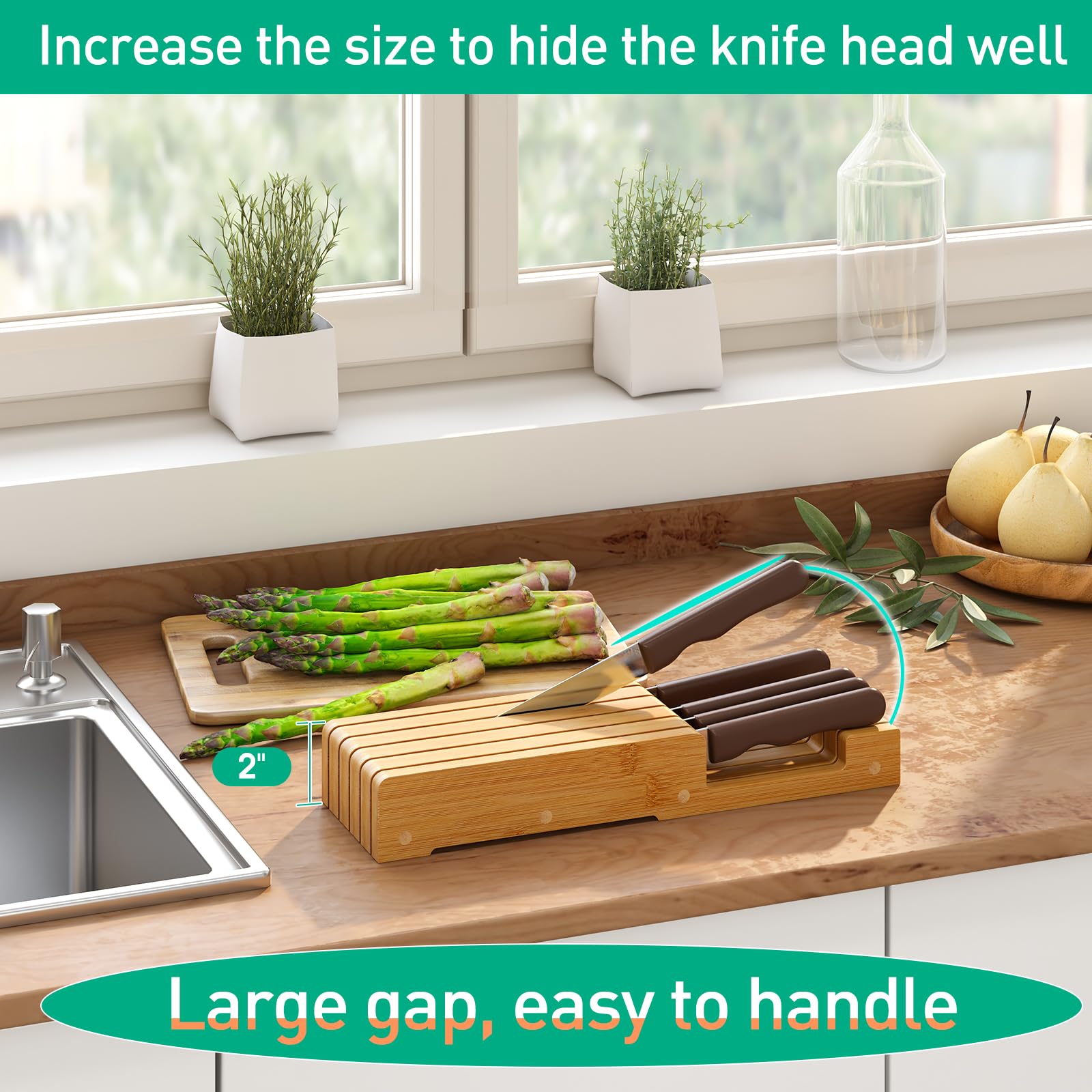 Kiplant drawer knife storage with sunken-handle slots for easy grip