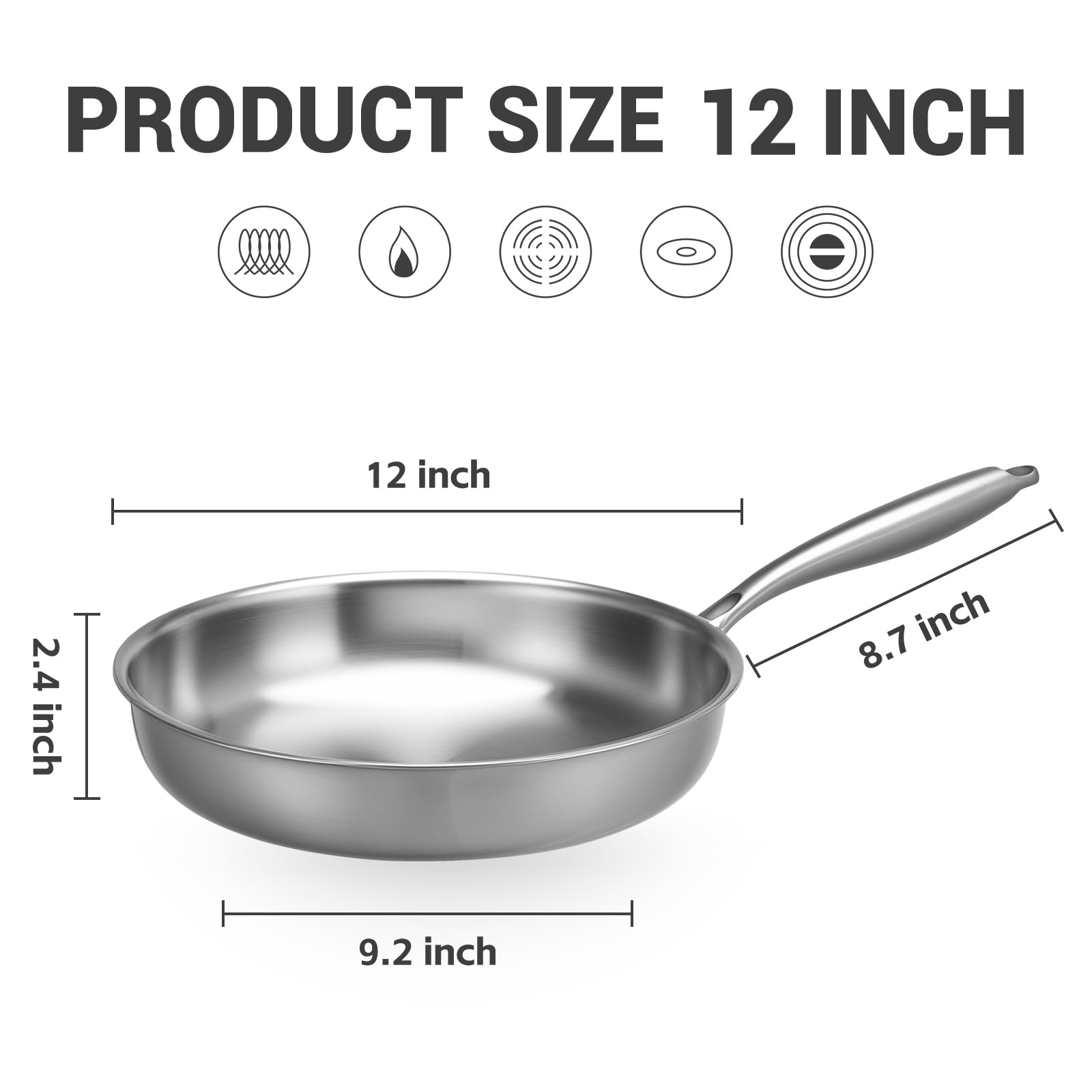 Kirecoo Tri-Ply 12-Inch pan side view with ergonomic, secure grip