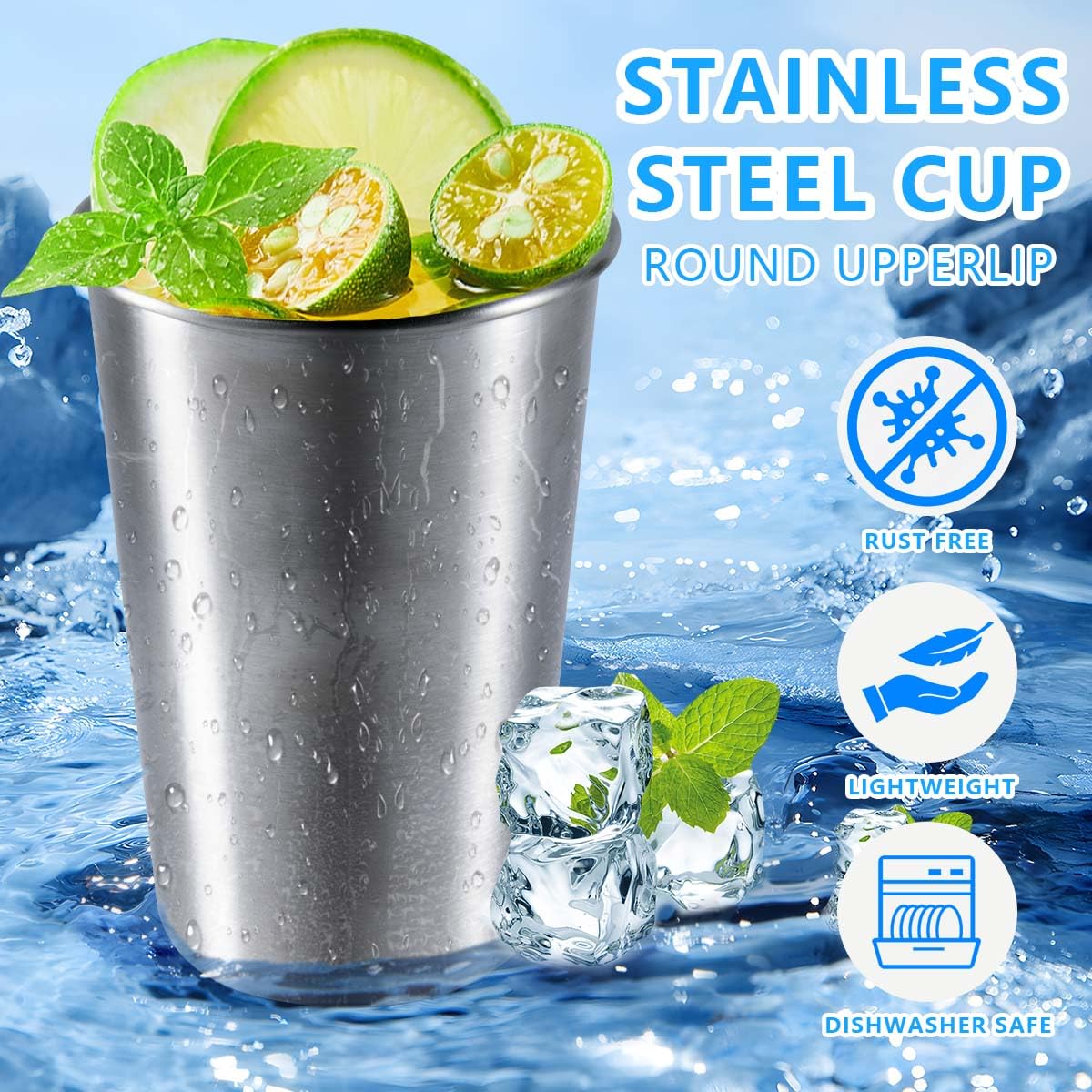 KISEER 16 oz stainless steel pint cup in bar setup for everyday use.