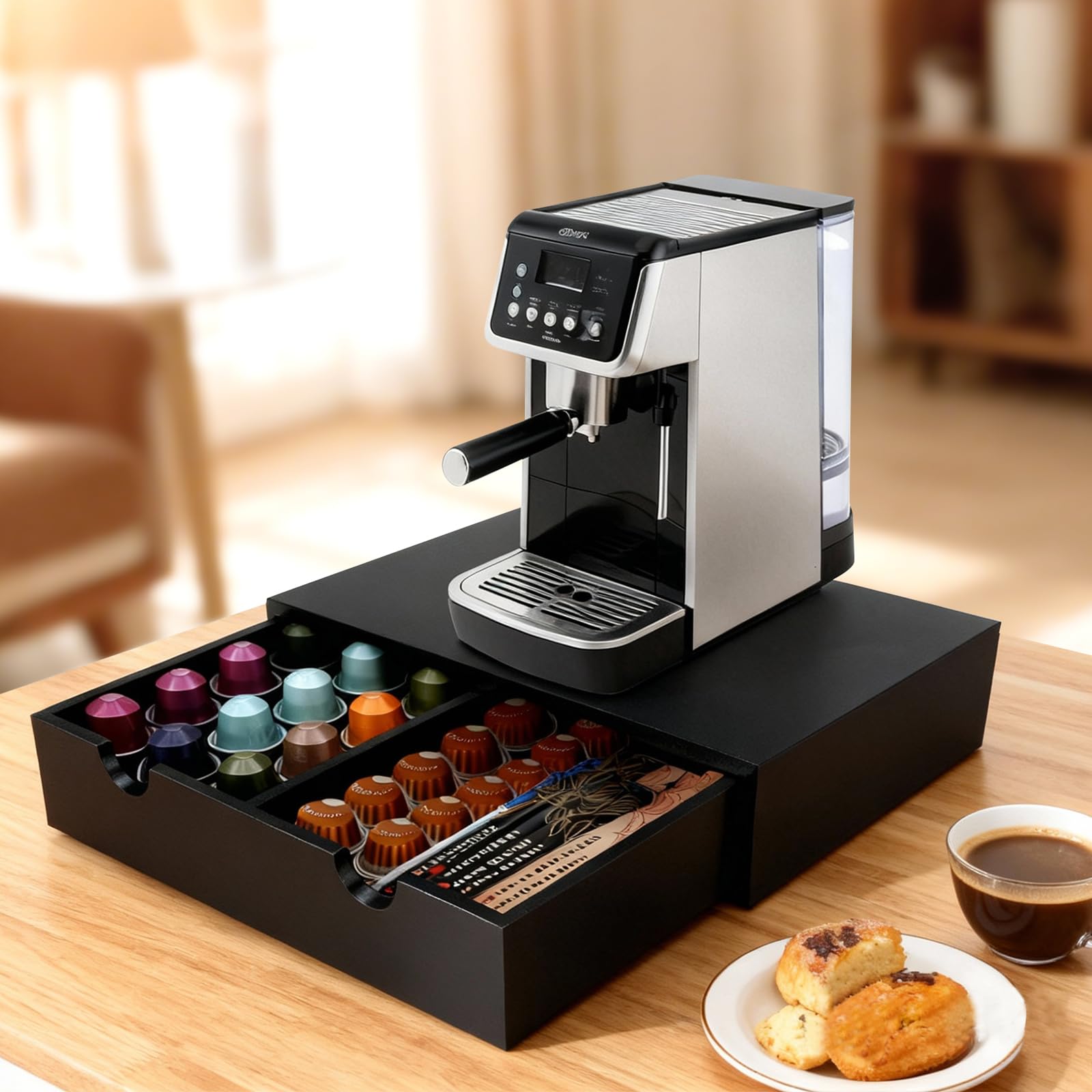 KISENG black countertop espresso station saves counter space.