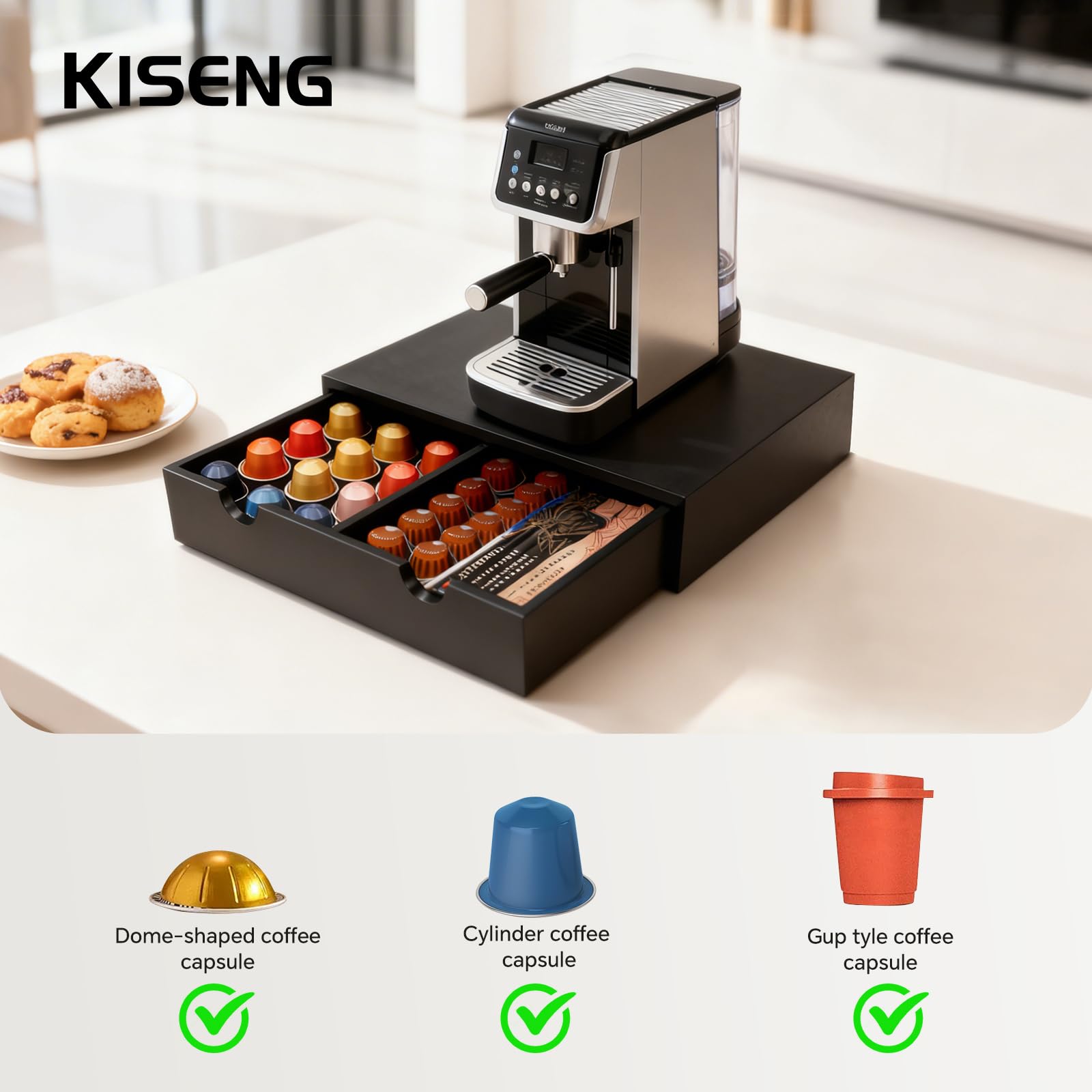 KISENG flat-top design frees space for machines and kettles.