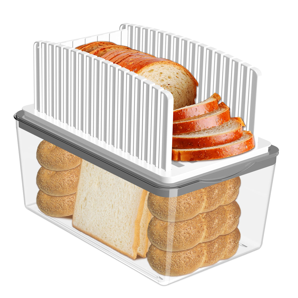 Kiss Core bread slicer in use with adjustable guide for even slices.