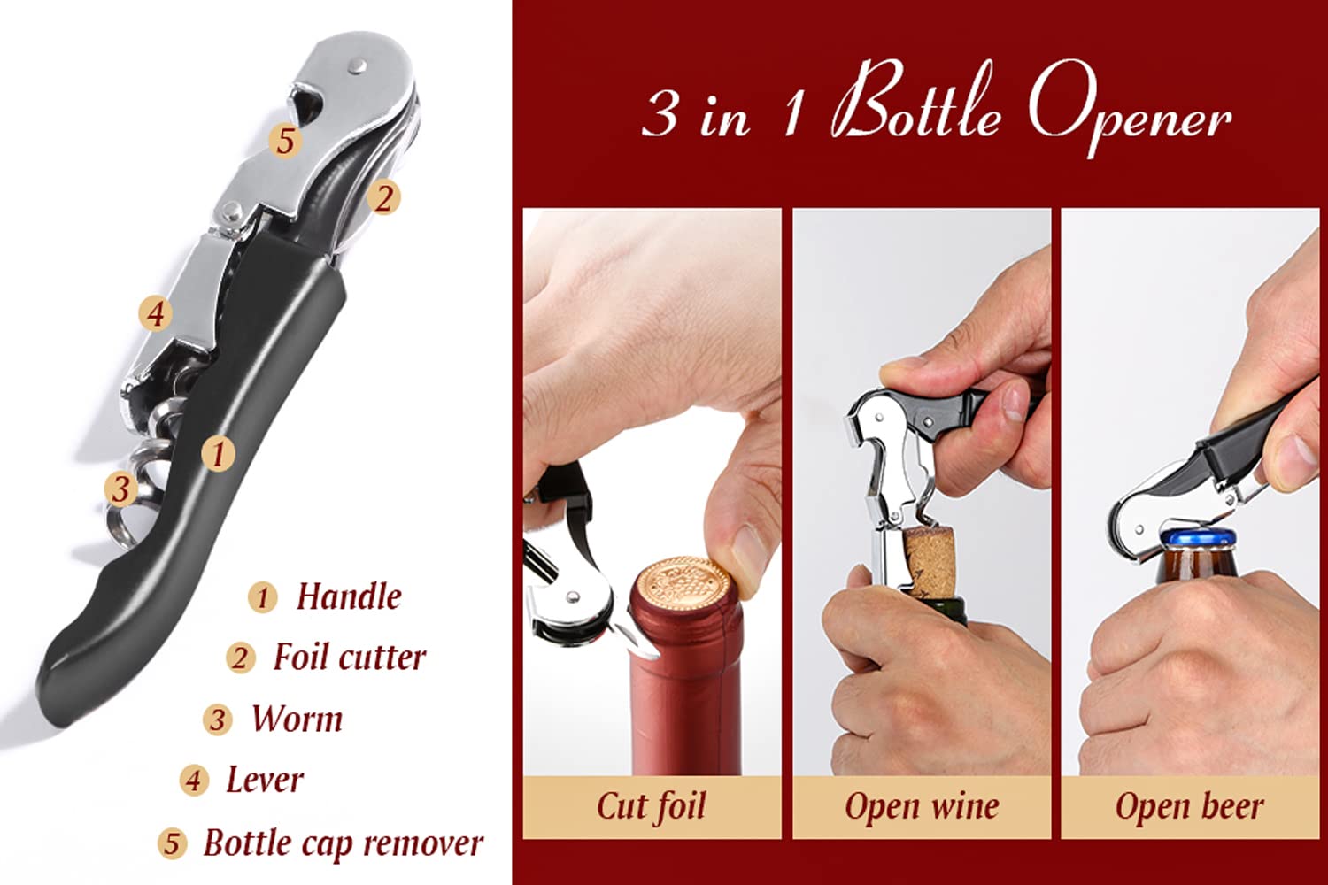Kit-Home durable stainless steel corkscrew designed for all cork types.