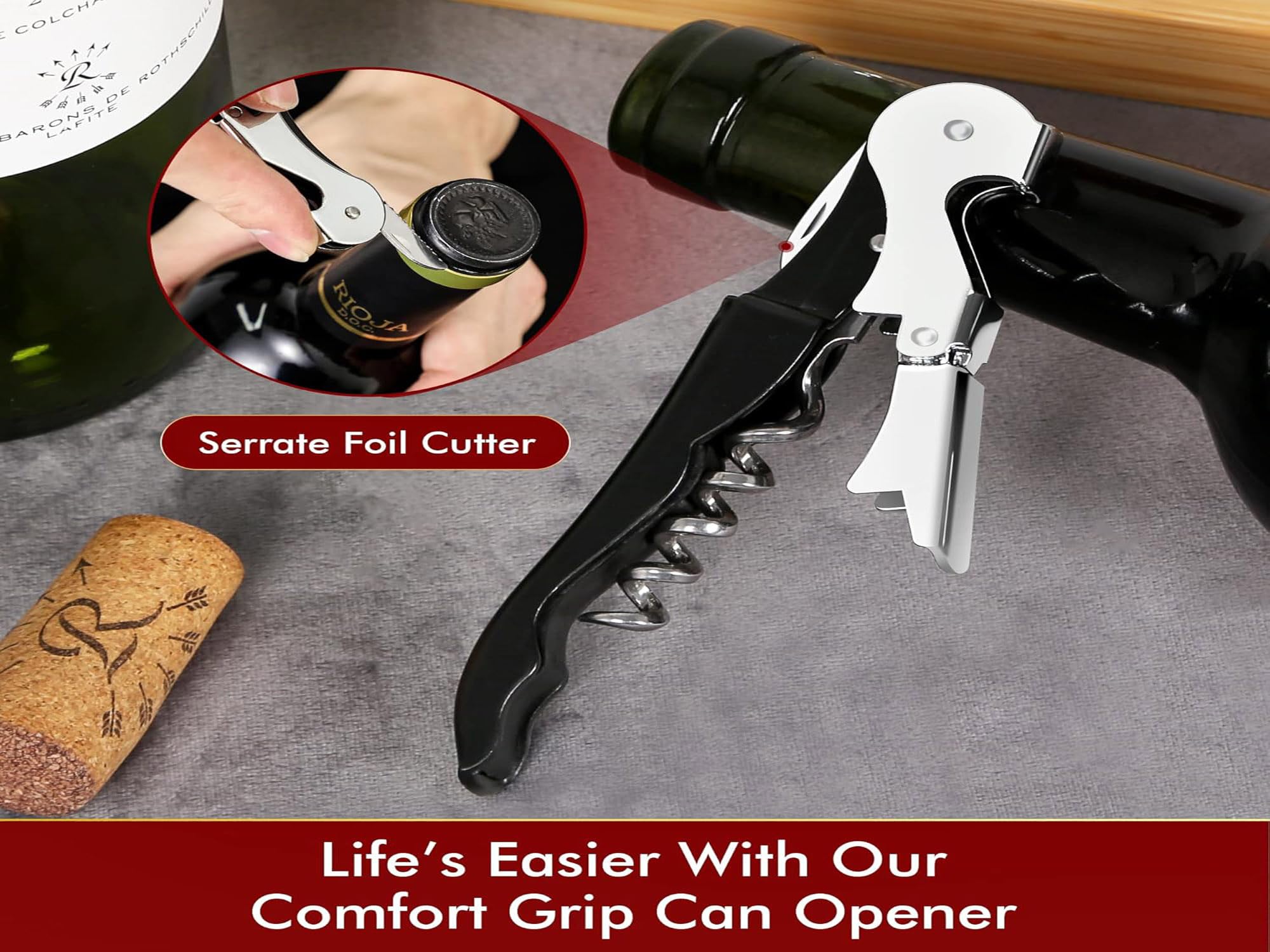 Kit-Home in-use bar setting shows versatile wine and beer opening.
