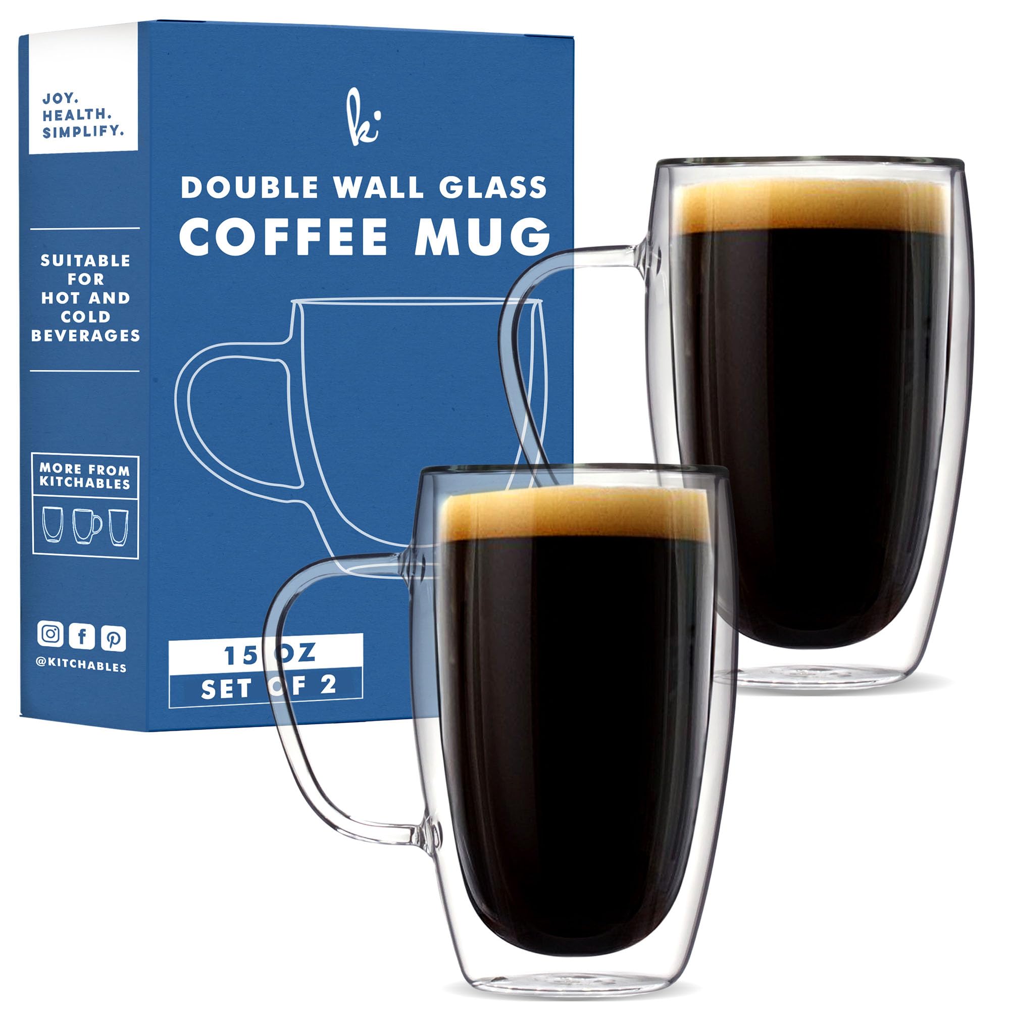 Kitchables double-walled glass mug front view shows sleek clarity and heat insulation