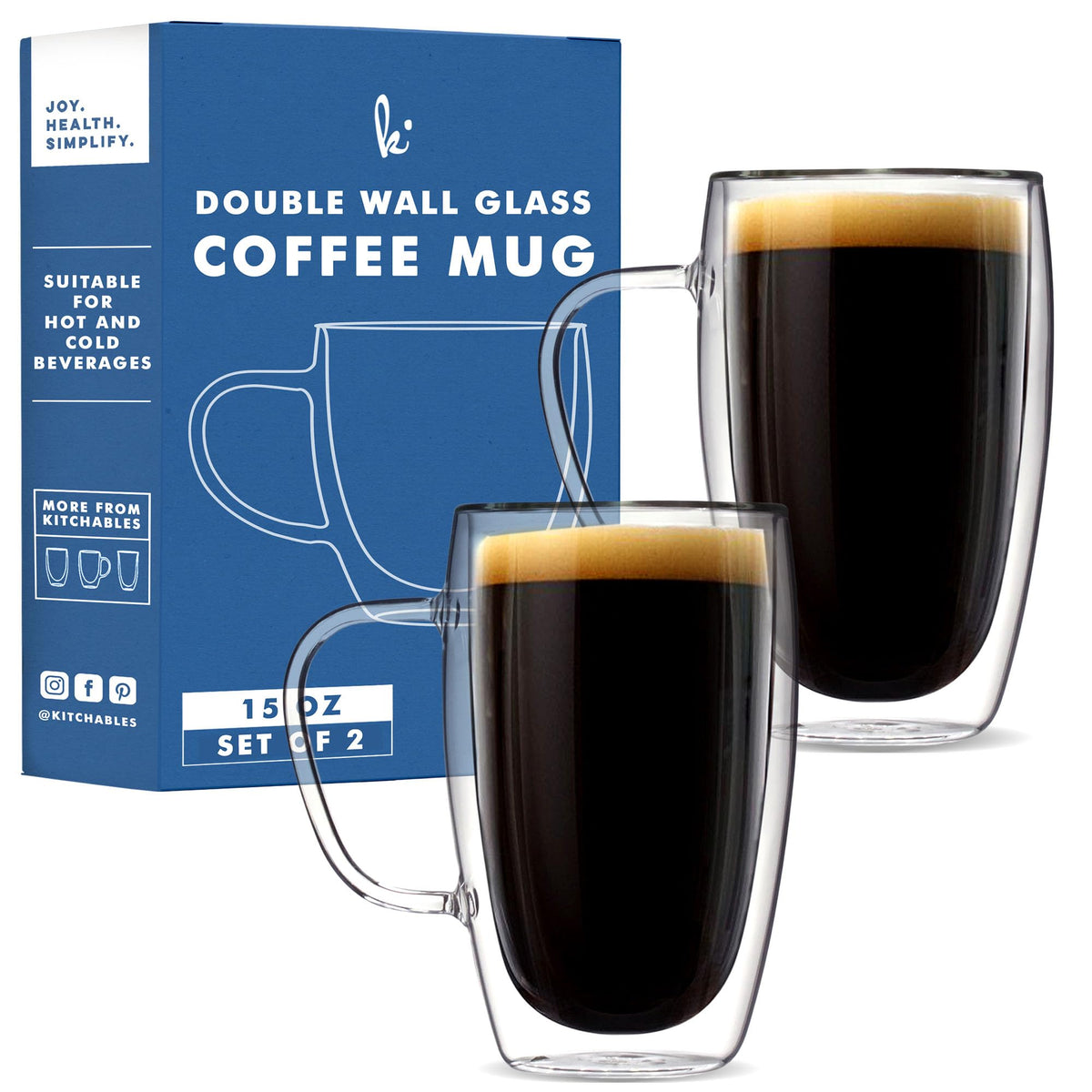 Kitchables double-walled glass mug front view shows sleek clarity and heat insulation