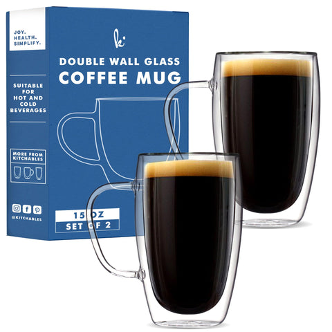 Kitchables double-walled glass mug front view shows sleek clarity and heat insulation