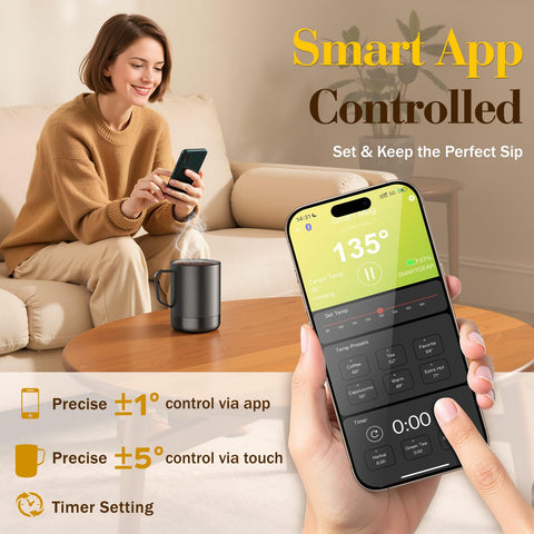 KitchekShop mug warmer app control shows precise temperature at your fingertips.