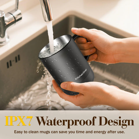 KitchekShop mug warmer ergonomic handle provides comfortable grip during use.