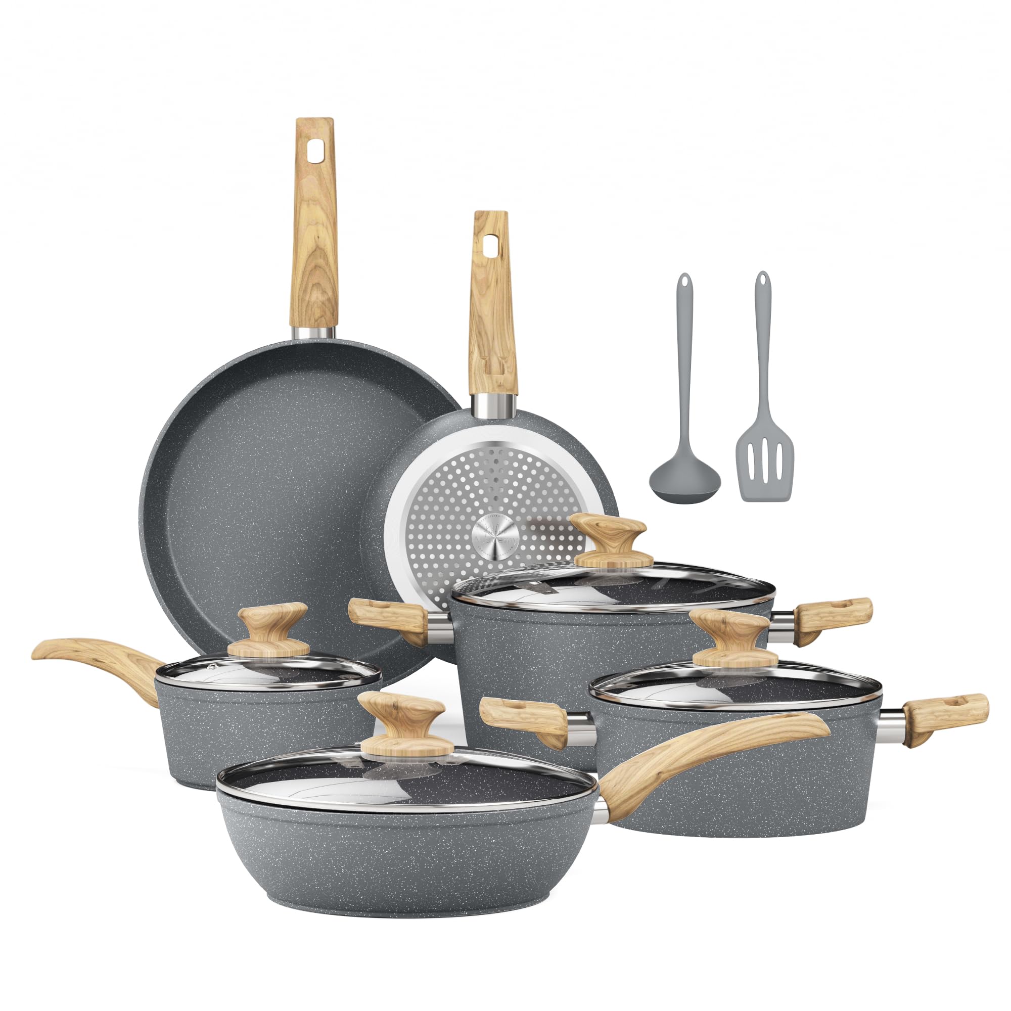 Kitchen Academy 12-piece gray induction cookware set displayed as a complete versatile collection for everyday meals.