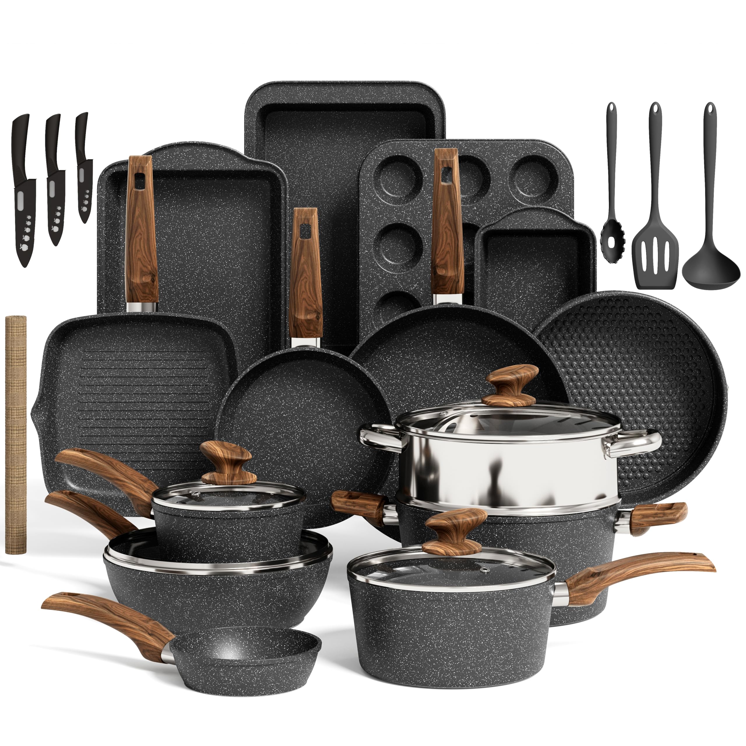 Kitchen Academy 30pc set: top view of versatile pans with lids.