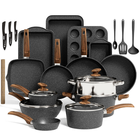 Kitchen Academy 30pc set: top view of versatile pans with lids.