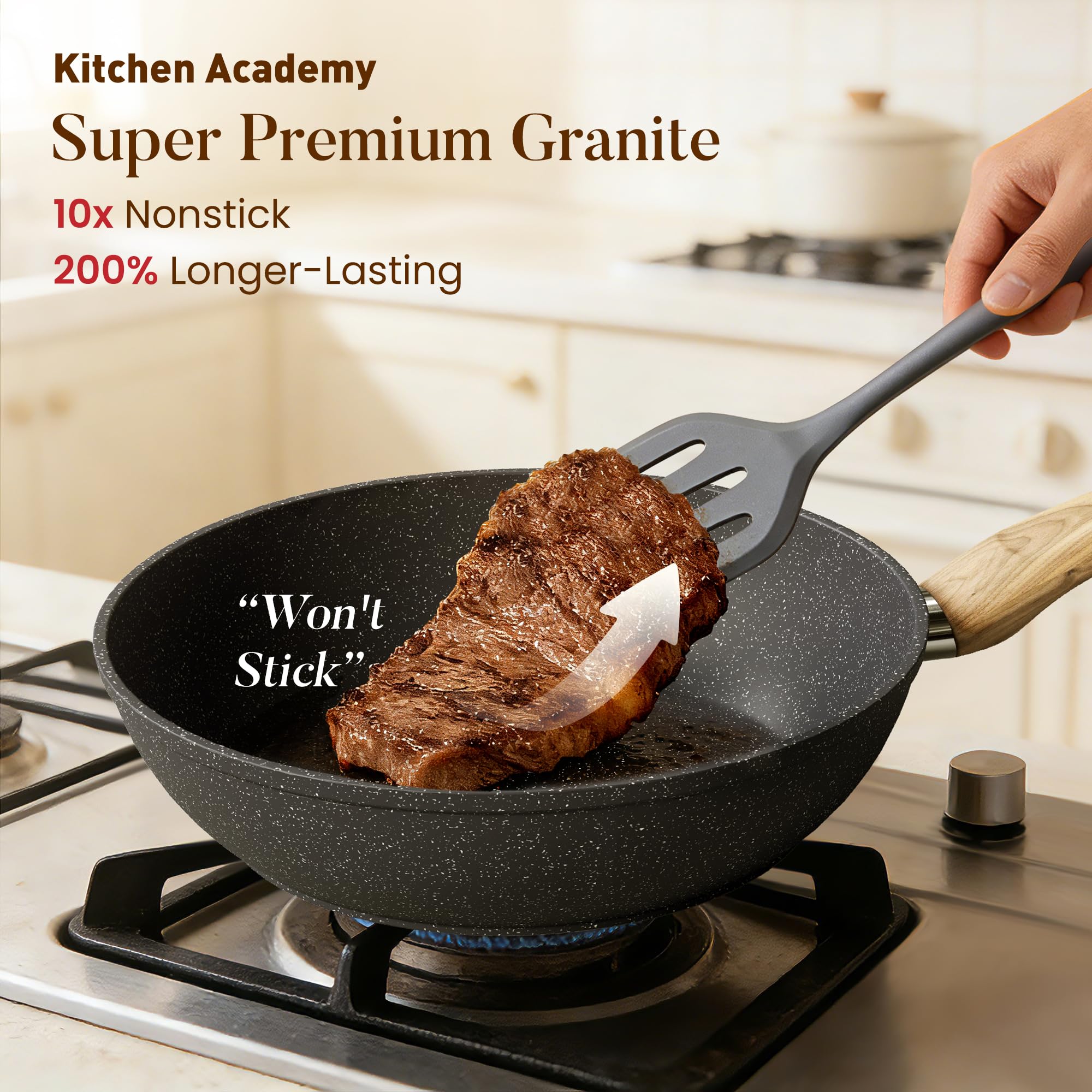 Kitchen Academy 8-inch gray fry pan ready for quick breakfasts with minimal oil.