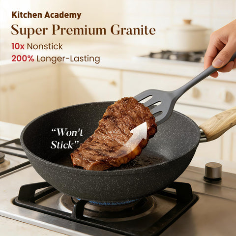 Kitchen Academy 8-inch gray fry pan ready for quick breakfasts with minimal oil.
