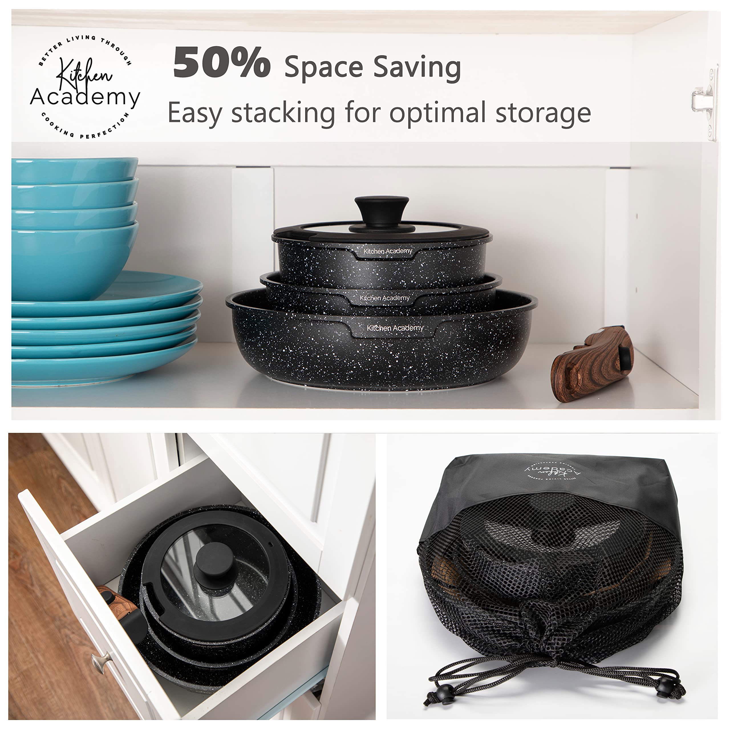 Kitchen Academy detachable handle enables safe, compact storage and oven-to-table use