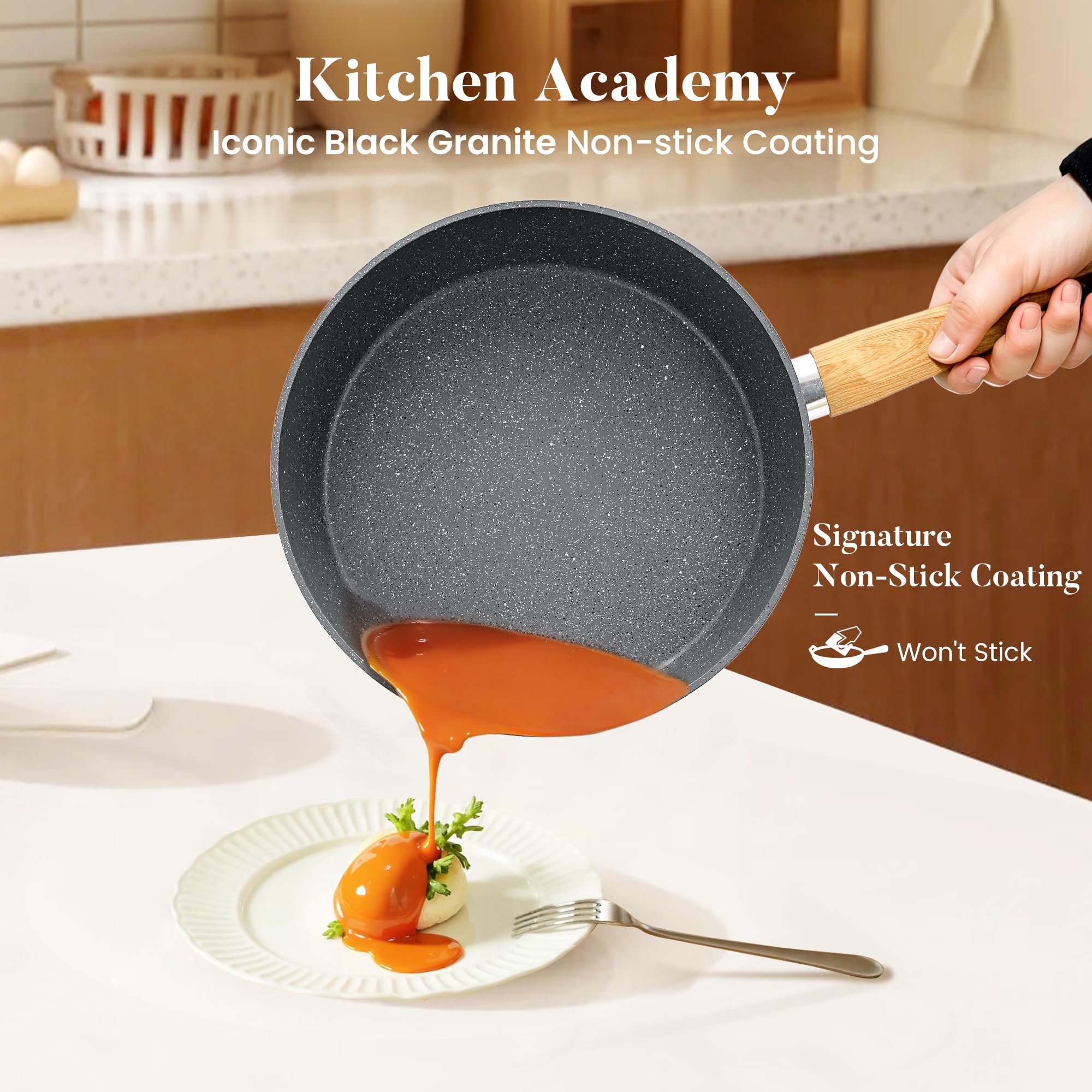 Kitchen Academy granite nonstick 8-inch fry pan for quick omelets.