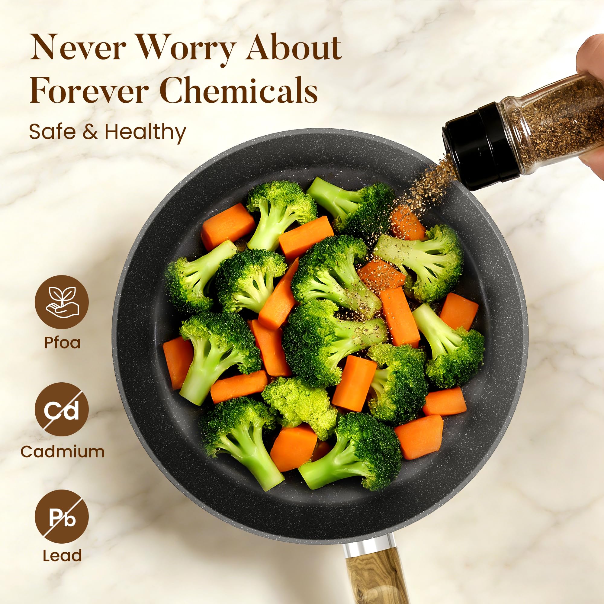 Kitchen Academy granite nonstick coating close-up highlighting easy clean and minimal oil needs.