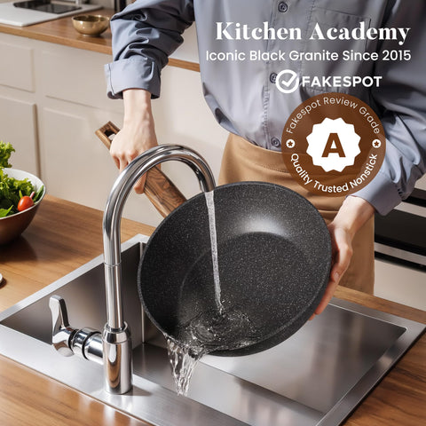 Kitchen Academy 11-inch fry pan with lid provides even heat for searing and sautéing.