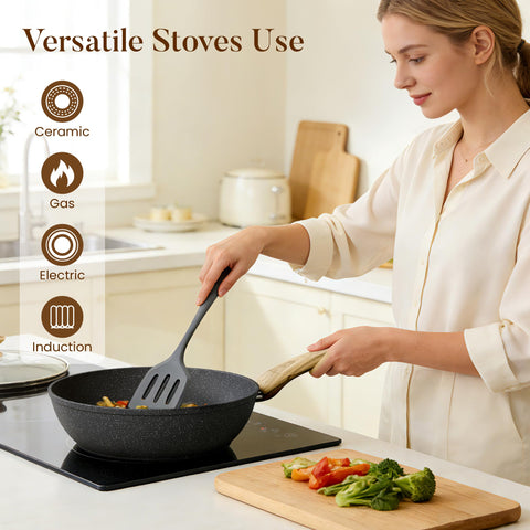 Kitchen Academy silicone utensils set included for smooth lifting and safe nonstick use.